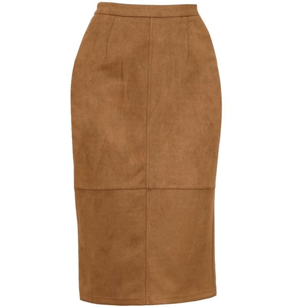 Women's Faux Suede High Waist Back Slit Vintage Straight Skirt - Caramel L